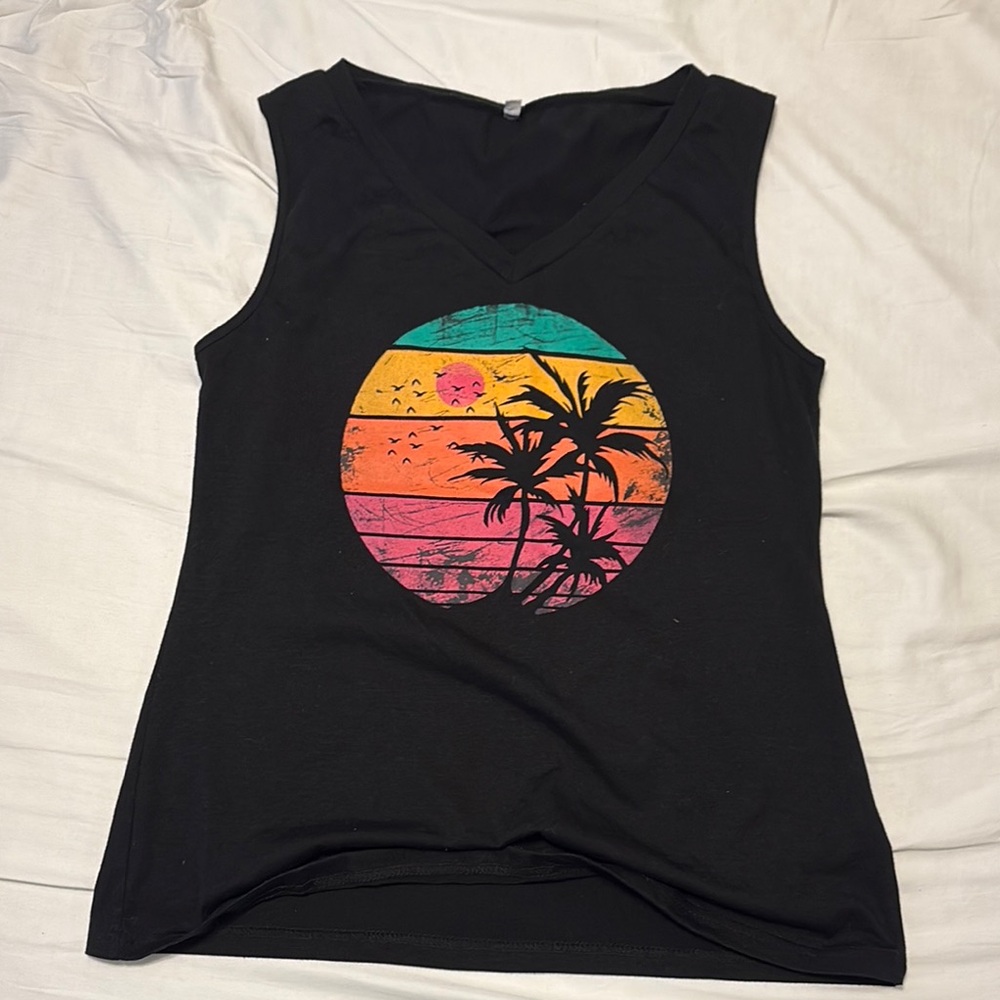 Black Sleeveless Top with Tropical sunset sunrise Print